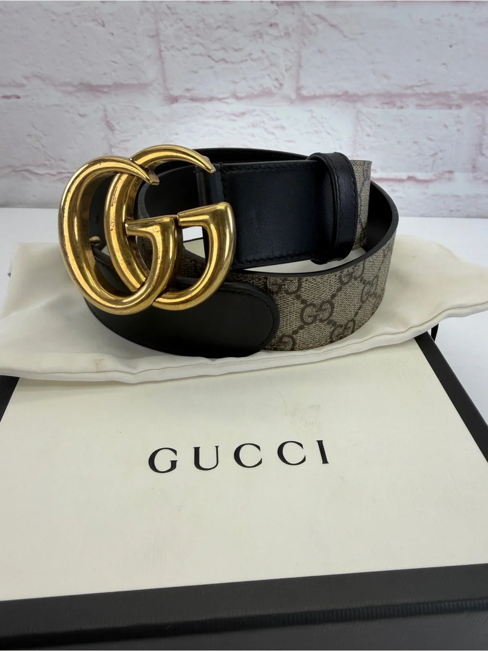 Authentic Gucci Canvas Leather Marmont GG Logo Belt 400593 80/32